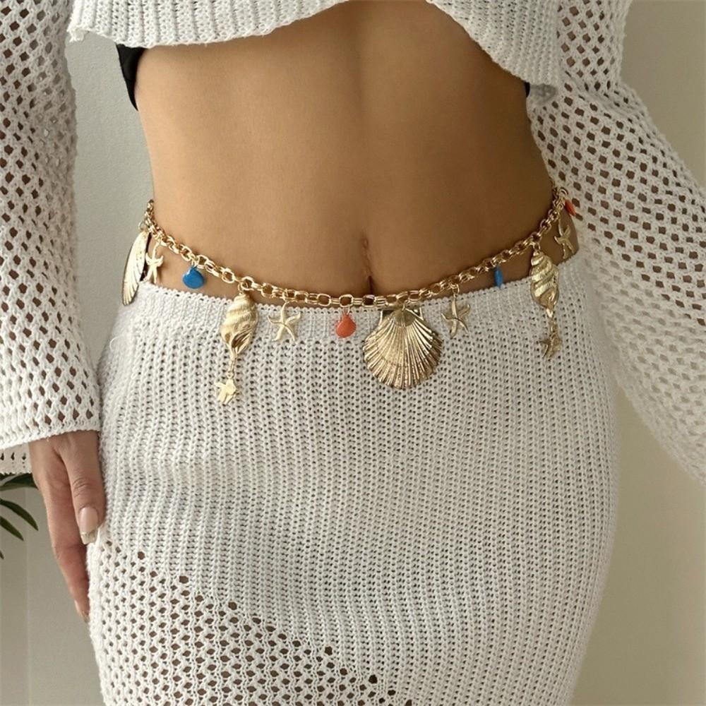 Gold Starfish Waist Chain Multi-pendant Beads Belly Chain Retro Imitation Pearl Body Chain  Beach