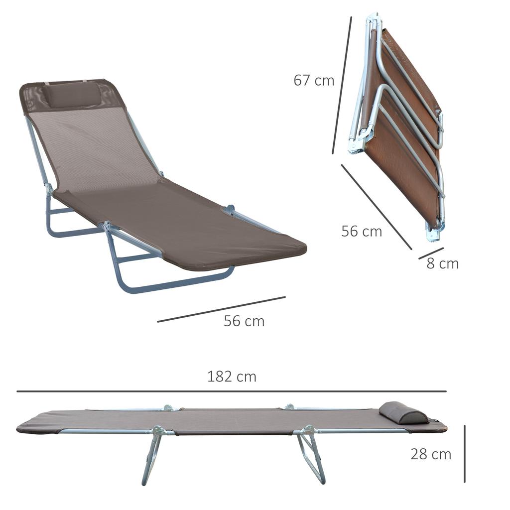 Folding Sun Lounger, Texteline Reclining Sun Bed with 5 Position Adjustable Backrest, Headrest, Coffee