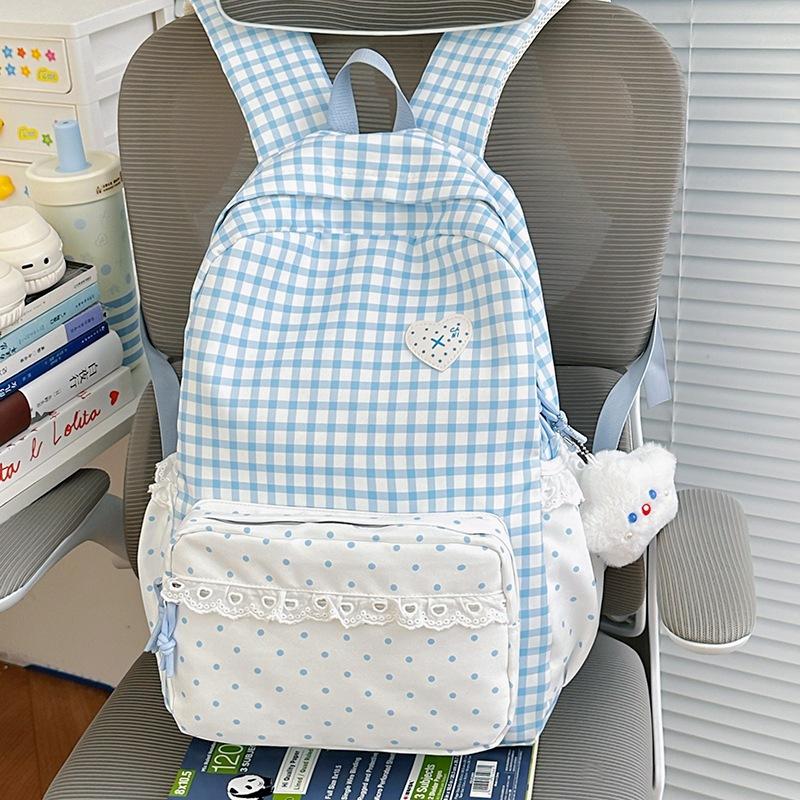 Schoolbag new small fresh plaid lace backpack women's daily versatile large capacity going out commuting student schoolbag backpack
