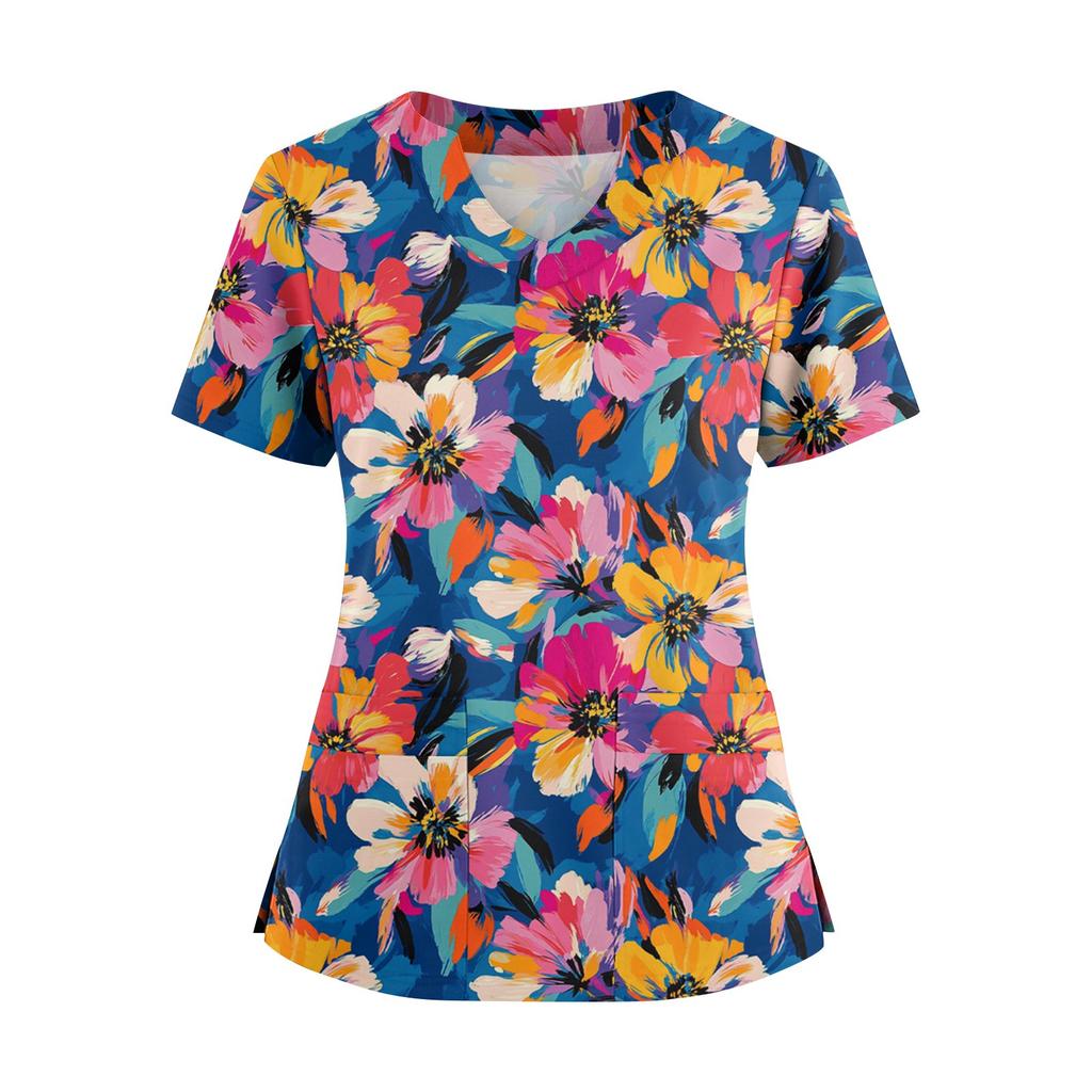 Camisa Corta de Manga Corta Holgada con Estampado Floral y Cuello en V para Mujer