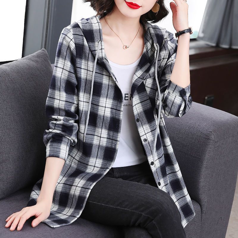 Women's Plaid Hooded Shirt Jacket Spring Autumn Casual Loose Button