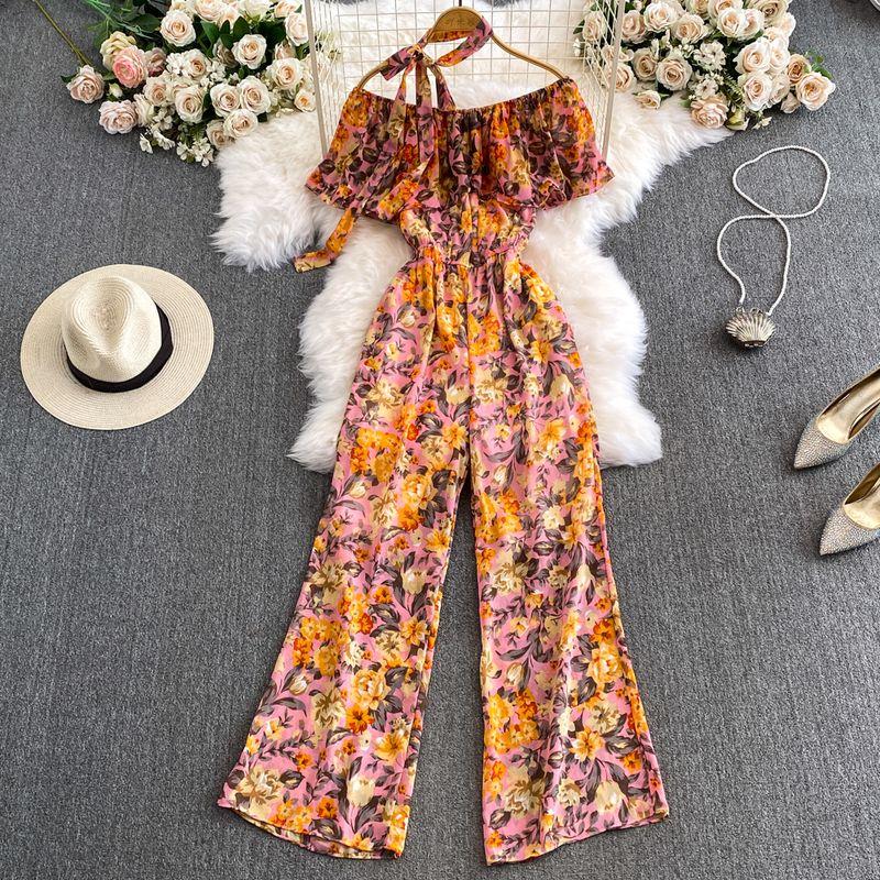 

Women s Floral Loose Pants Jumpsuit Summer High Waist Waist-Tight Slimming Flounce off-Shoulder Jumpsuit Short Sleeve Orange bottom Print One size