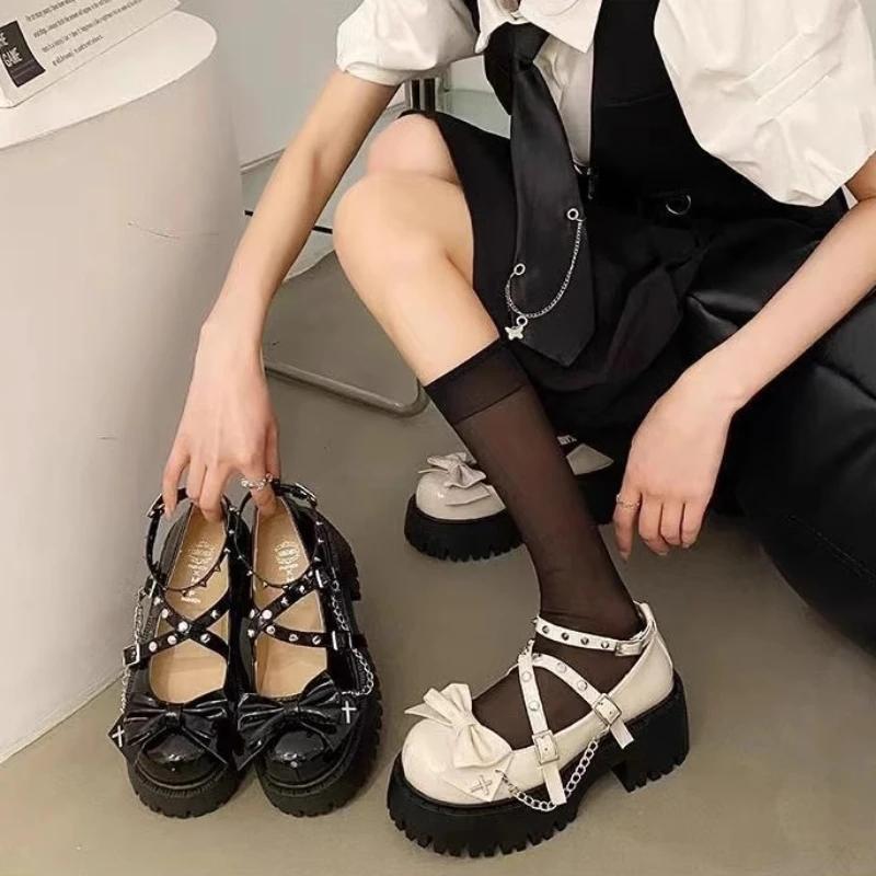 2025 New Women's Shoes Ankle Straps Womens Pumps Platform Women Leather Bows Mary Jane Punk Gothic Chunky Heel Chaussures Femme