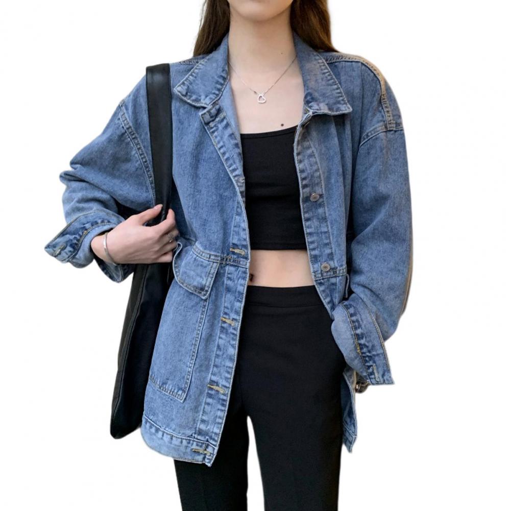 Women Jacket Washed Denim Single-breasted Cardigan Buttons Long Sleeves Turn-down Collar Women Coat Female Clothes
