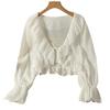 Cardigan in chiffon con scollo a V, lacci, camicia leggera, colore unito, bordo con volant, estivo, sottile, protezione solare, da indossare tutti i giorni