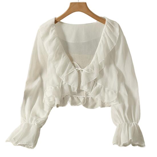 Cardigan in chiffon con scollo a V, lacci, camicia leggera, colore unito, bordo con volant, estivo, sottile, protezione solare, da indossare tutti i giorni