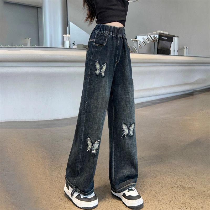 Kids' Butterfly Embroidered Wide-Leg Jeans for Girls - Spring & Autumn