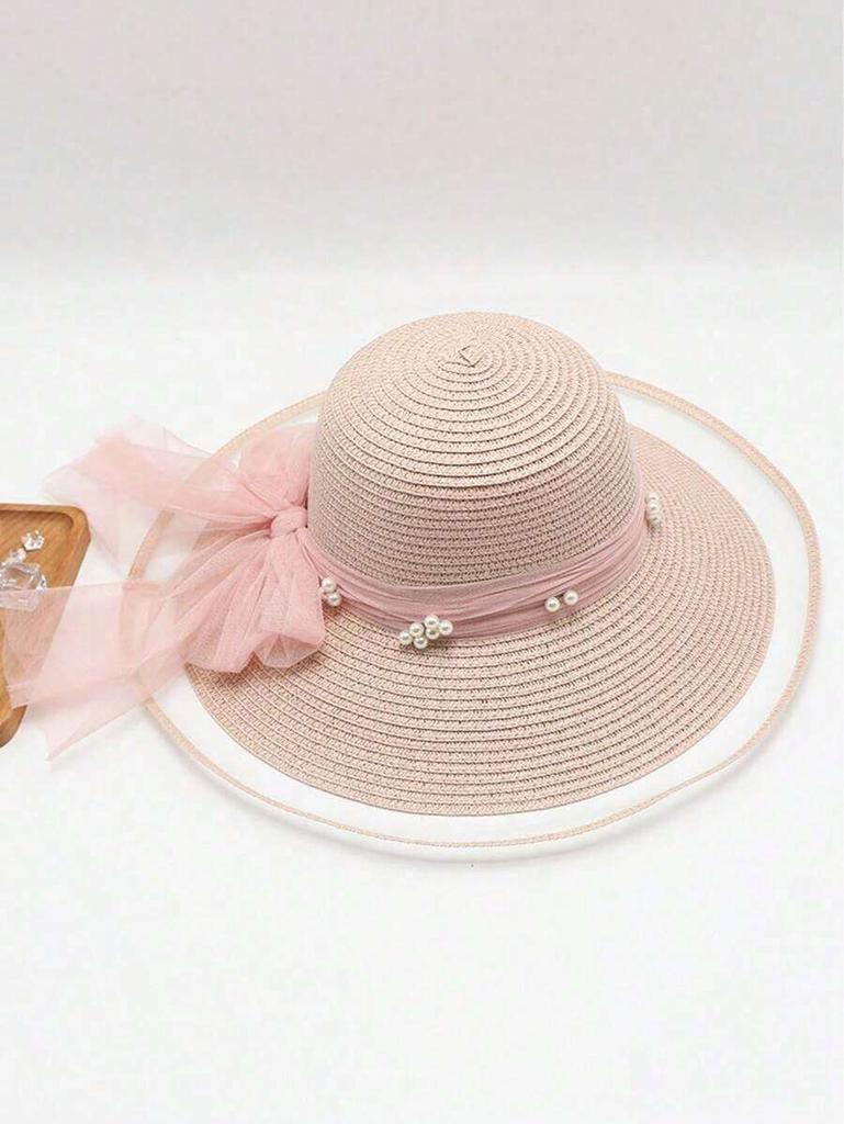 Womens Summer Wide Brim Sun Hat With Wave Mesh And Bow For Beach Travel Sun Protection