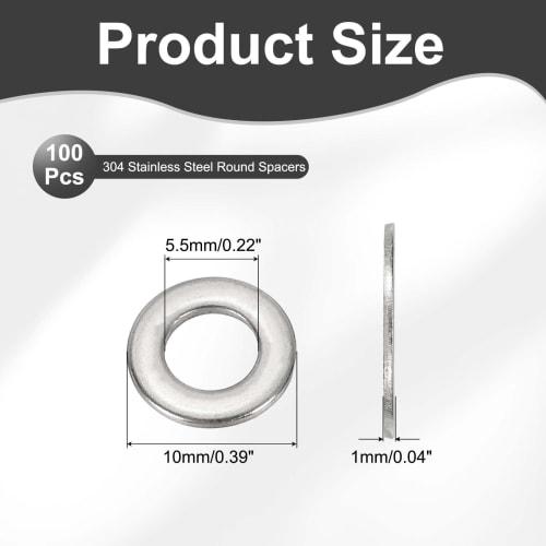 PATIKIL M5 X 10mm X 1mm Stainless Steel Flat Washers, 100 Pieces, Round Metal Washers, Small Spacers for Screws, Bolts, and Nuts, Assortment