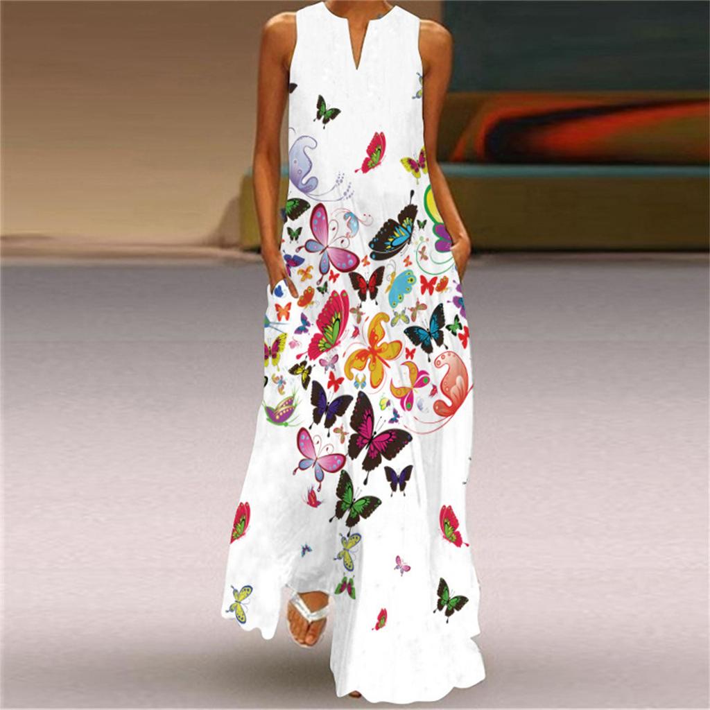 Sommer-Maxikleid für Damen, lässiger lockerer Maxirock für Damen, ärmellos, Blumendruck, Strand-Maxikleid mit Taschen, Faltenkleid, Baumwollkleid, Strandkleid