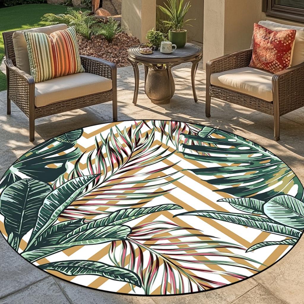 1pc Tropical Leaves Pattern Rug, Round Washable Large Decorative Rug for Living Room/Bedroom/Office/Playroom/Camping