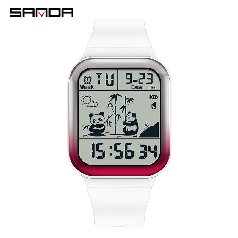 Fashion Sanda Top Brand Gradient Electronic Outdoor Waterproof Panda Pattern Square Trend Men's And Women's Unisex Watches