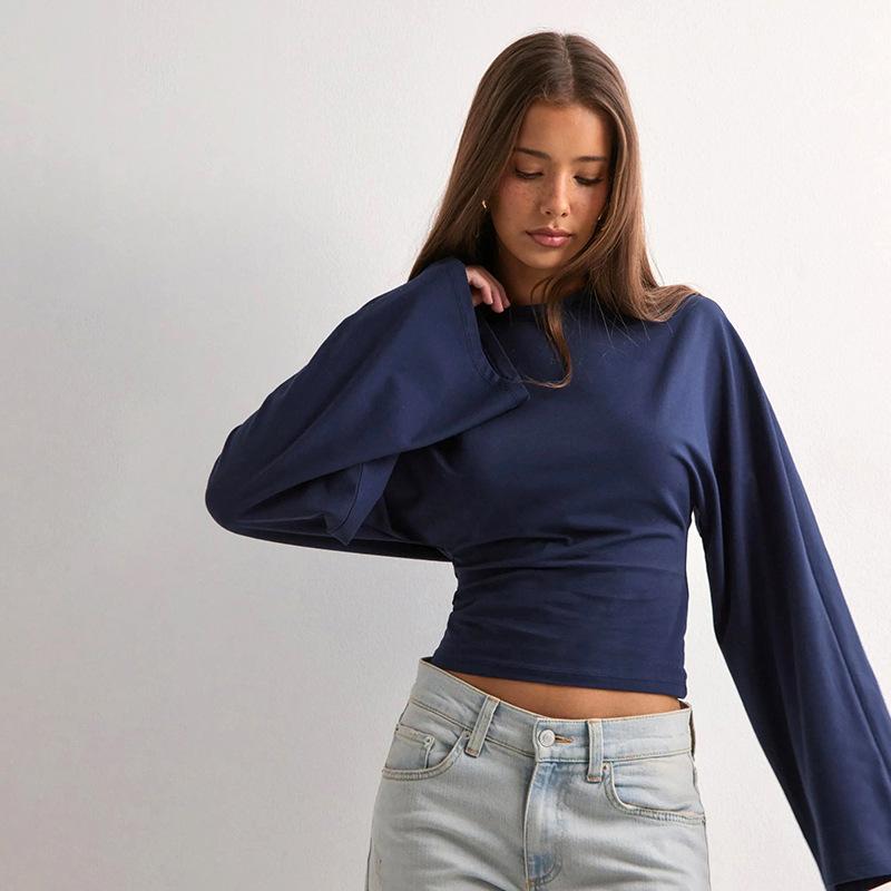 Summer New Style Daily Casual Simple and Versatile Long-sleeved Pullover, Solid Color Waist Temperament Is Thin Gray Long-sleeved T-shirt Y25TP201