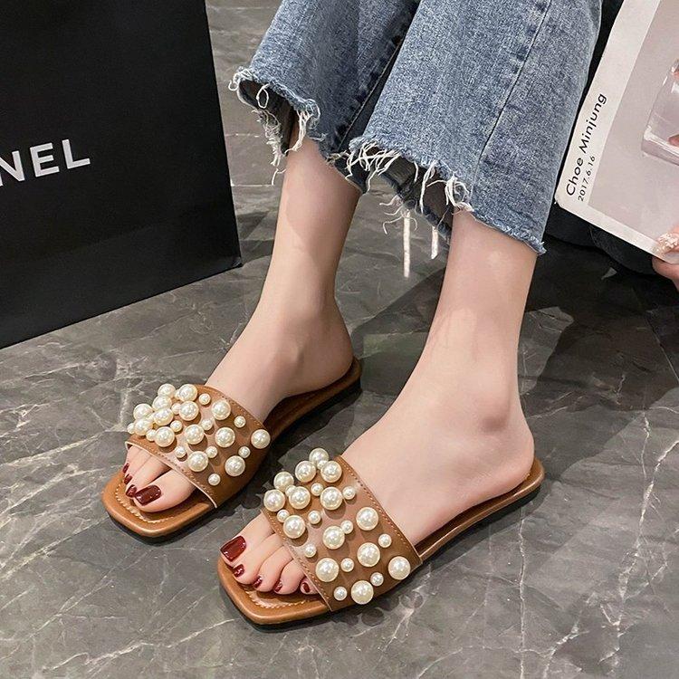 Large size pearl flat bottom sandals women's summer new square head casual wear one-word slippers