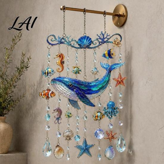 Balcony Hanging Decor Ocean-Themed Wind Chime Decoration Animal Sun Catcher with Faux Crystal Drops Tropical Fish Garden Decoration Stained