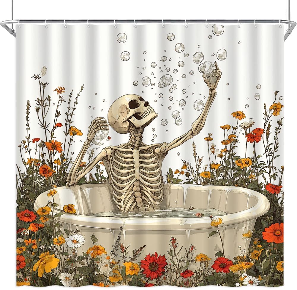 

Funny Skeleton Floral Shower Curtain Gothic Skull In Bathtub Bubbles Floral Wildflowers Garden Cool Bone Human Spooky Halloween W60H190(CM)-1 Pcs