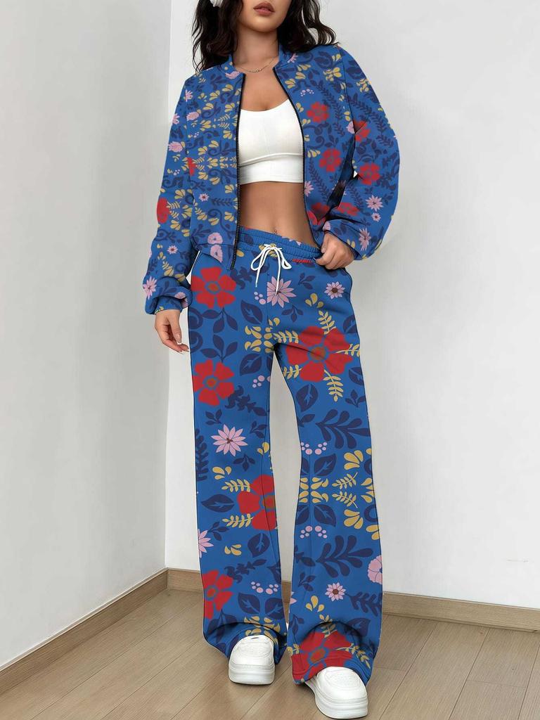 Small Fresh Flowers Autumn and Winter New European and American Women's Clothing Fruit Printing Set Women