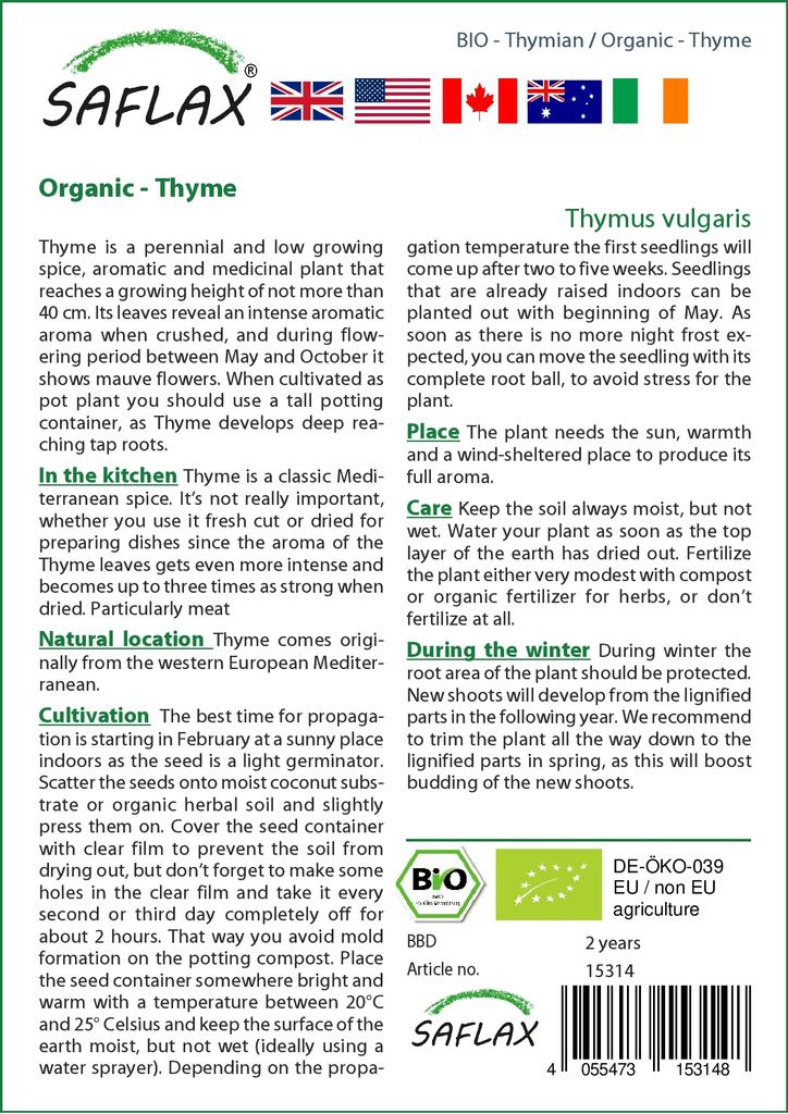 SAFLAX Garden In the Bag - Organic - Thyme - 800 Seeds - With Substrate In a Fitting Stand Up Bag - Thymus Vulgaris
