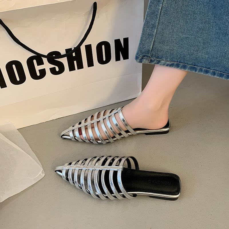 

Туфли-лодочки на плоской подошве с полым острым носком женские туфли 2025 новая летняя обувь пляжный дизайн шлепанцы 40