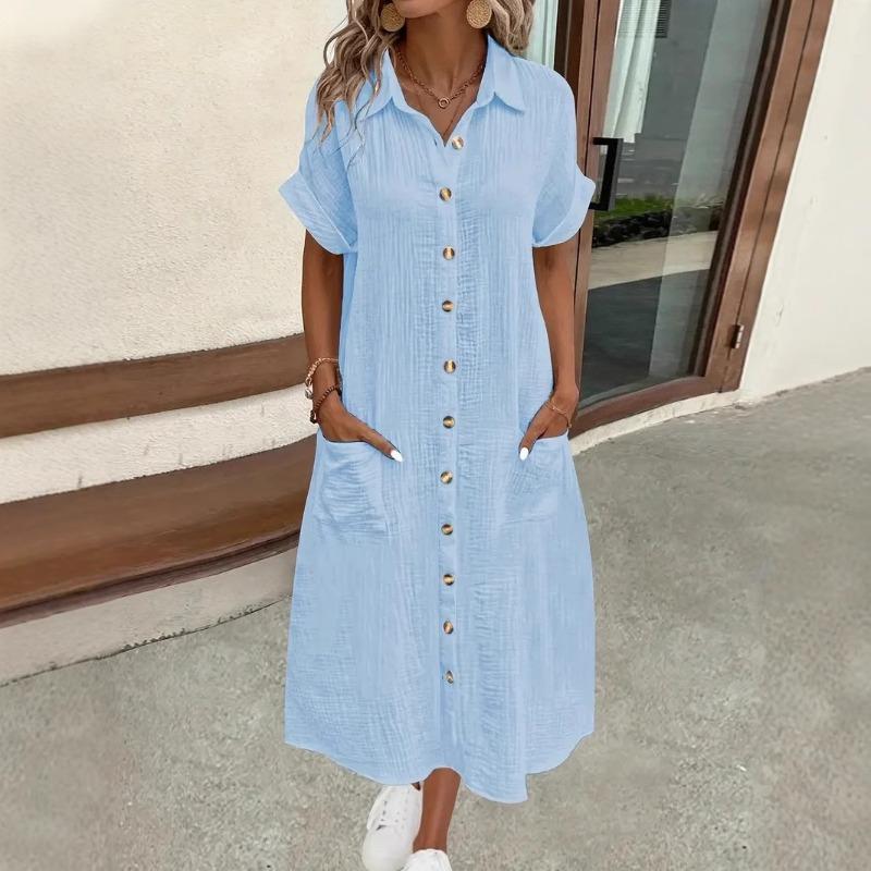 Wish summer solid color simple collar button long dress women's clothing