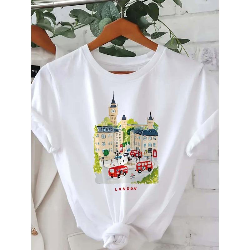 

European Size London Big Ben & Tower Bridge Print Crew Neck Women s Casual Short Sleeve Top - Women s Apparel, Comfortable Fit, Classic Design S белый