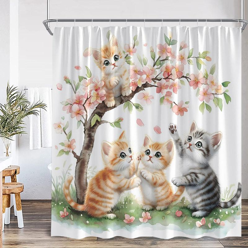 Cute Cat Shower Curtain Pink Cherry Floral Tree Asian Oriental Watercolor Flower Funny Animal Green Grass Bathroom Curtain Decor