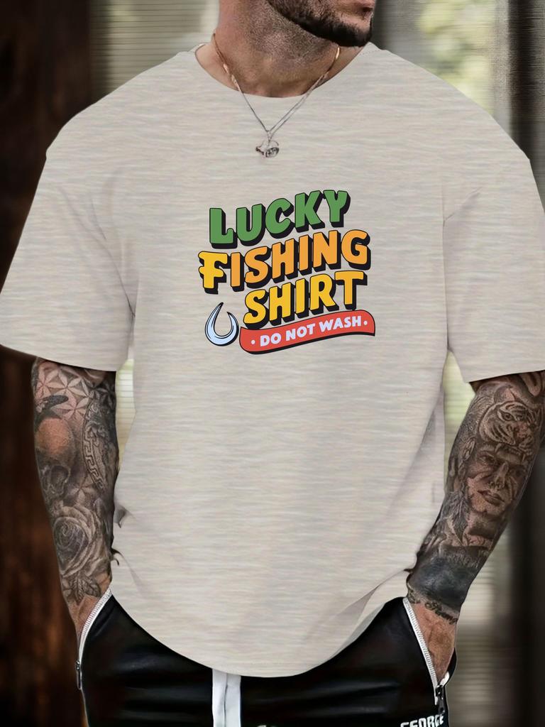 Mens Fishing Tshirt Lucky Fishing Print Short Sleeve Round Neck Breathable Soft Oversized Outdoor Daily Wear Tee