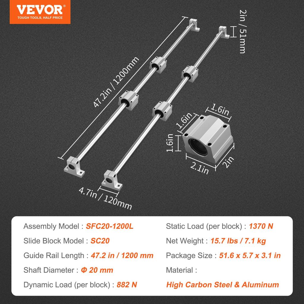 VEVOR Linear Guide Rail Set, SFC20 1200mm, 2 PCS 47.2 in/1200 mm SFC20 Guide Rails 4 PCS SC20 Slide Blocks 4 PCS Rail Supports