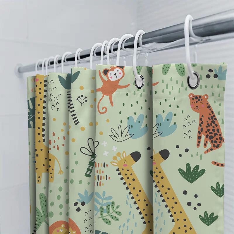 Animal Forest Shower Curtain Cute Cartoon Giraffe Leopard Lion Print Fabric Bathroom Decor Kids Bathing Room Waterproof Rug Pad