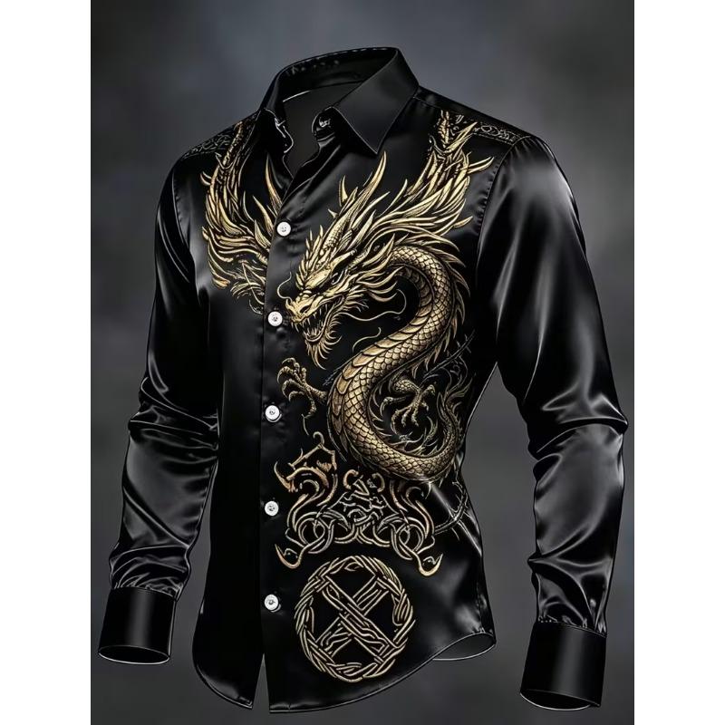 New Crown Lion Baroque Floral 3D Printed Long Sleeved Shirt with a Smooth Drape and Satin Lapel for Men