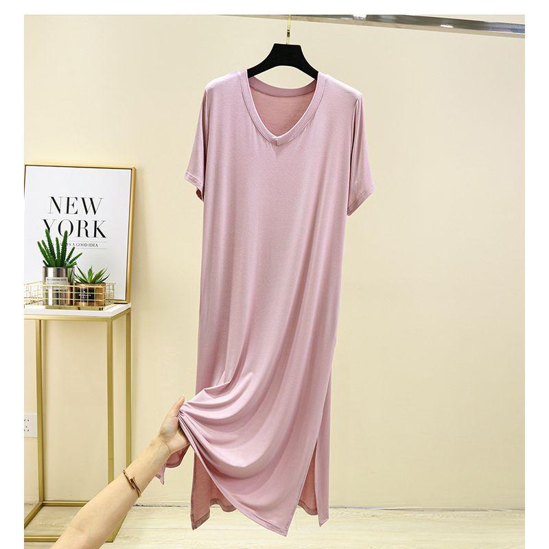 

Thin Modal Short sleeve Dress V-neck Casual Mid-Length Base Skirt Loose Plus size Slimming Home Nightdress Pink Plus size (recommend 65.00 kg-90.00 kg