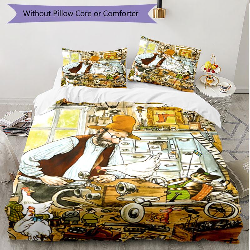 3pcs Duvet Cover Set (1*Duvet Cover + 2*Pillowcase, Without Core), Pettersson und Findus Print Soft All‑Season Bedding Set, Home Bedroom Decor Gift