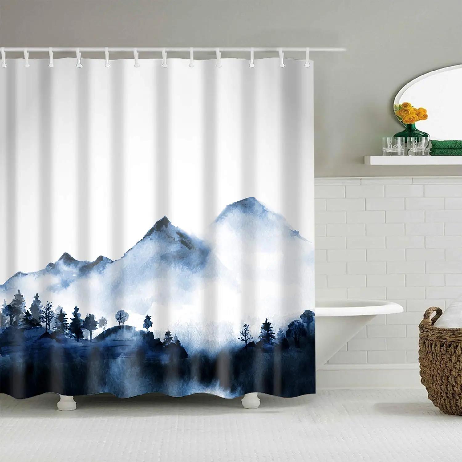 

1 Elegant Vintage Landscape Shower Curtain - Digital Printed Foggy Mountains and Pine Trees, Polyester Fabric, with Hooks 90x180cm