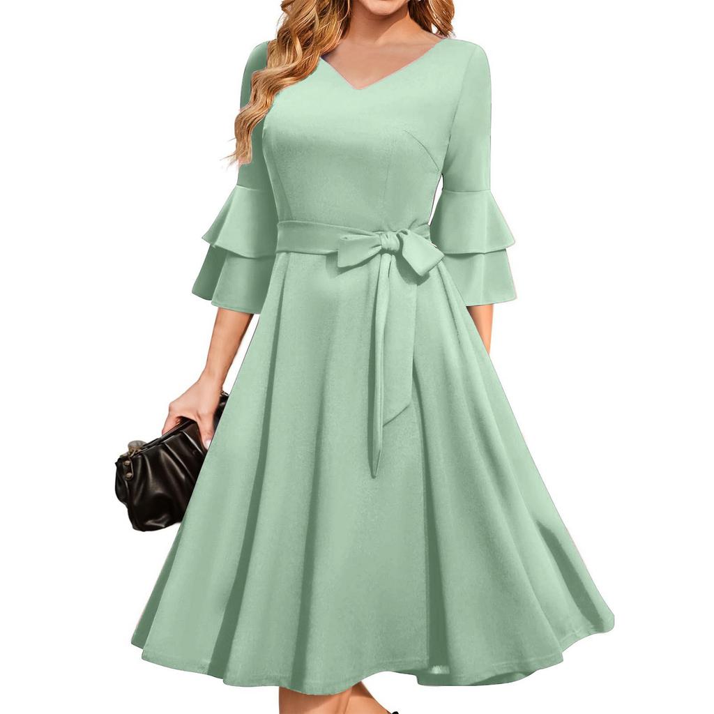 Women's Elegant Bell Sleeve Cocktail Party Dresses For Wedding Guest Fit And Flare Church Midi Evening Dress