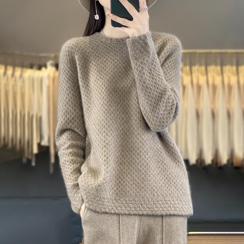 Women's 100% Pure Wool Thick Round Neck Sweater with Crochet Lace Knit and Half-High Neck