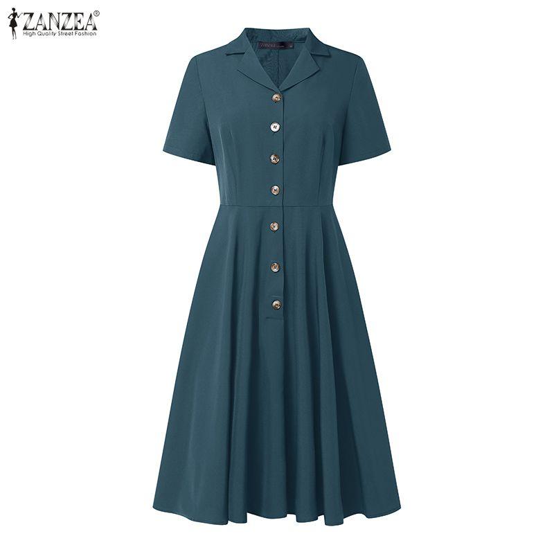 ZANZEA Women Casual Turn Down Collar Summer Short Sleeve Dress