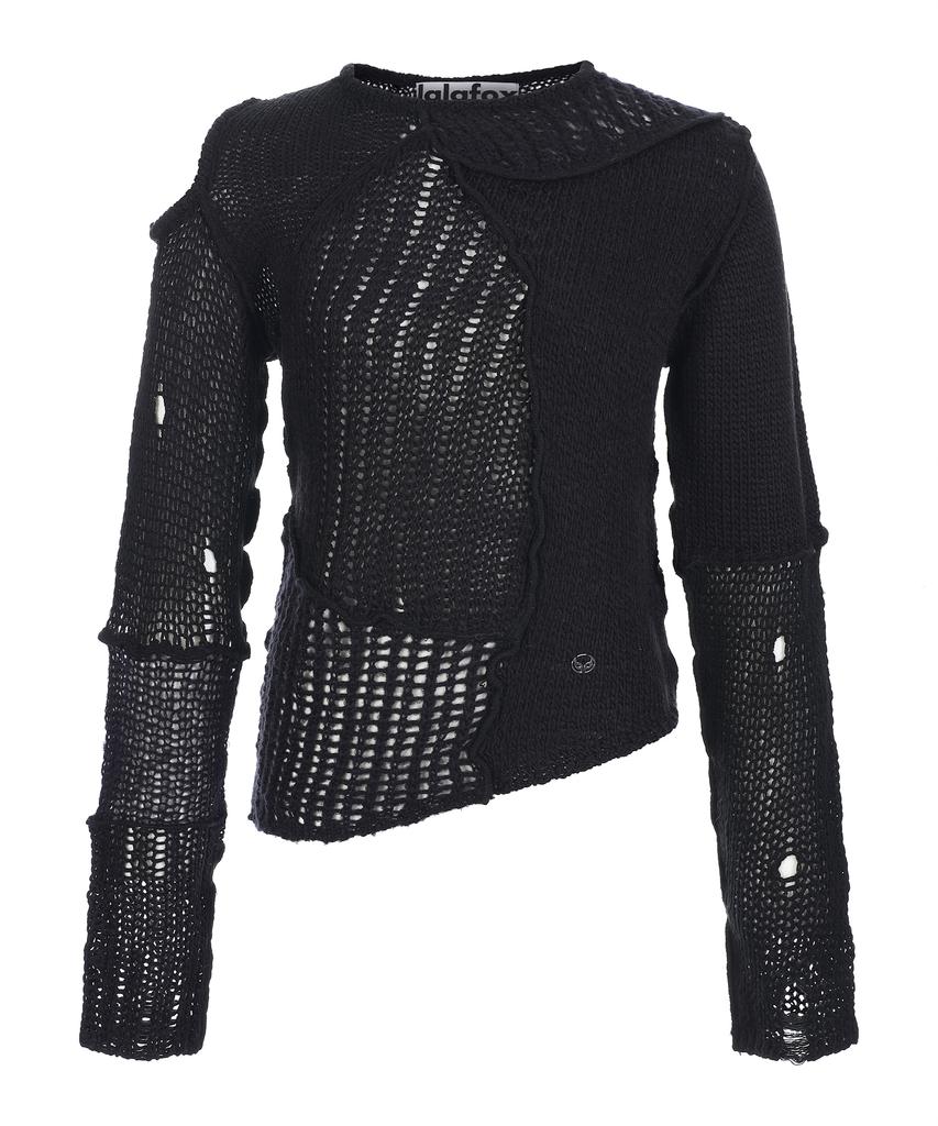 LALAFOX Knit Unbalance Shoulder Slit T-Shirt Black Bq4Kl003