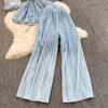 Spring Summer Women Pleated Two Piece Set Elegant V-Neck Draped Chiffon Blouse + High Waist Wide Leg Pants 2Pcs Suit Female New