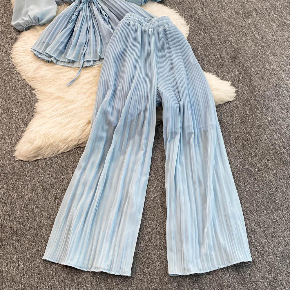 Spring Summer Women Pleated Two Piece Set Elegant V-Neck Draped Chiffon Blouse + High Waist Wide Leg Pants 2Pcs Suit Female New
