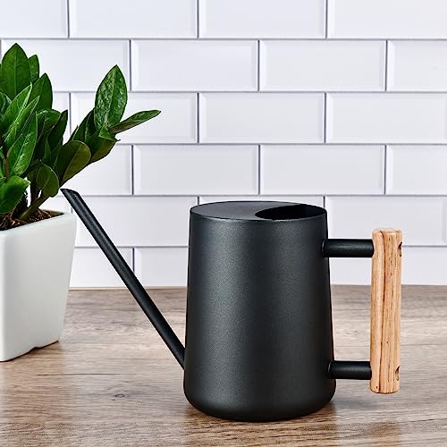 IMEEA Watering Can, 1000ml, Stainless Steel with Wooden Handle, Stylish Gardening Tool, Black