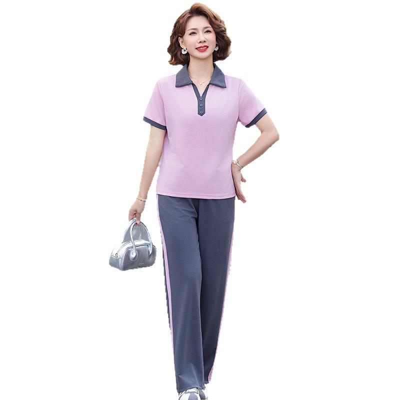 Casual Short-Sleeve Two-Piece Set for Middle-Aged Women—Stylish Lapel, Sporty & Loose Design.