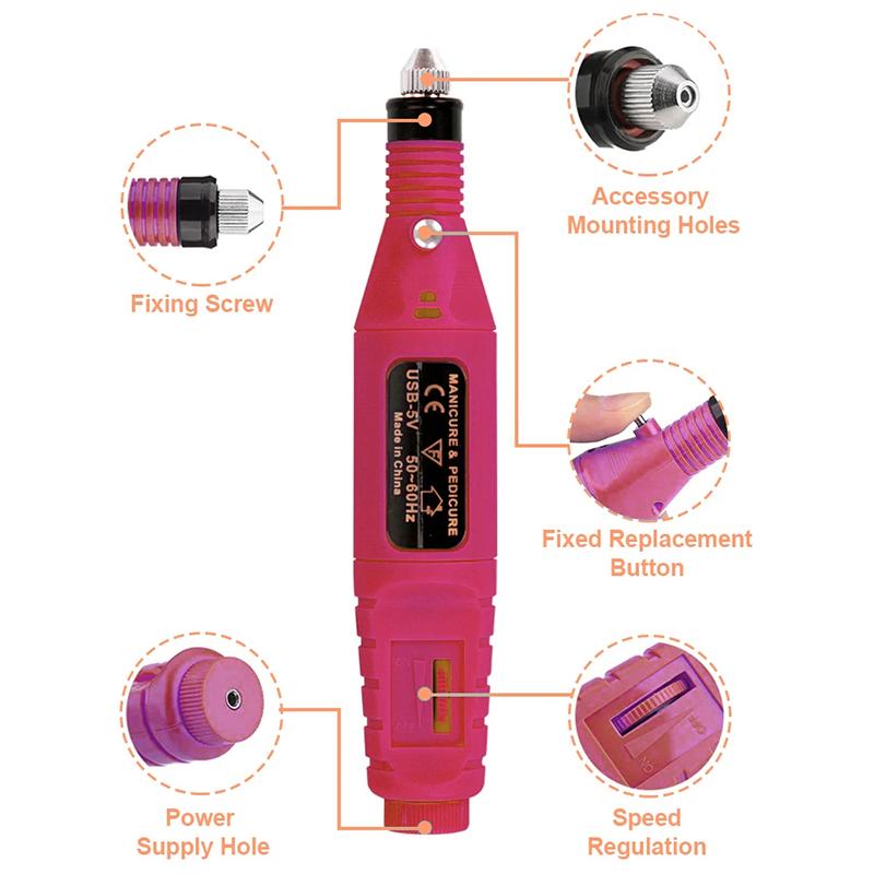 Electric Nail Drill Machine Set,Professional Manicure & Pedicure Kit With 6 Drill Bits, Usb Rechargeable & Adjustable Speed