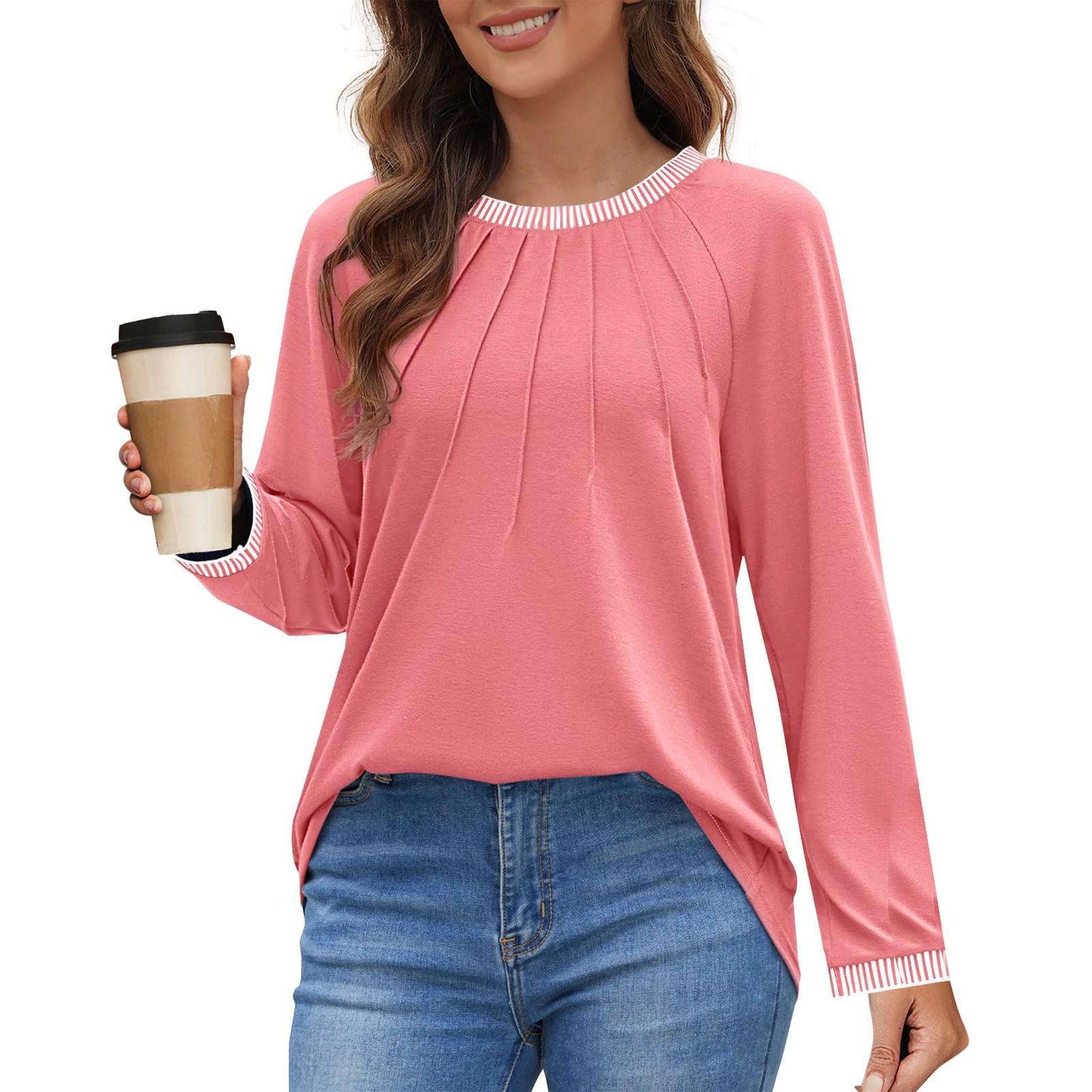 

Женские топы с длинным рукавом, нарядные, повседневные, с круглым вырезом, плиссированные, цветные, свободные, модные блузки, футболки XL арбуз красный