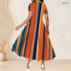 Women Plus Size White Printed Round Neck Short Sleeve Gathered Waist A Line Long Dress