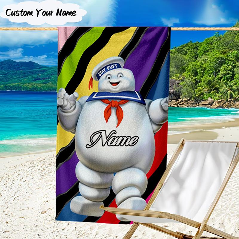 1PC Custom Name Beach Towel Ghost Marshmallow Man Beach Towel, Suitable for Camping, Travel, Beach Accessories, Super Absorbent, Family Gift