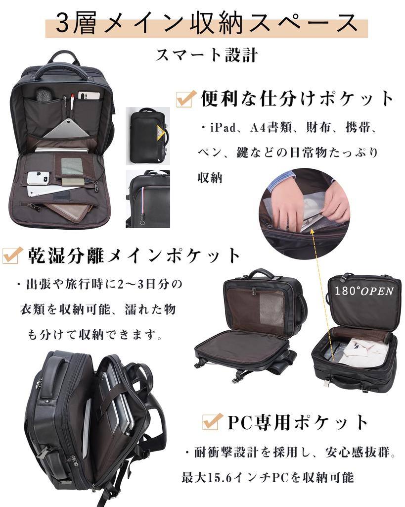 Masa Kawa Men's Genuine Leather Business Backpack, Square Design, 3-Way Expandable Capacity, Fits 15.6-inch PCs, YKK Zippers, Anti-Theft, Waterproof,