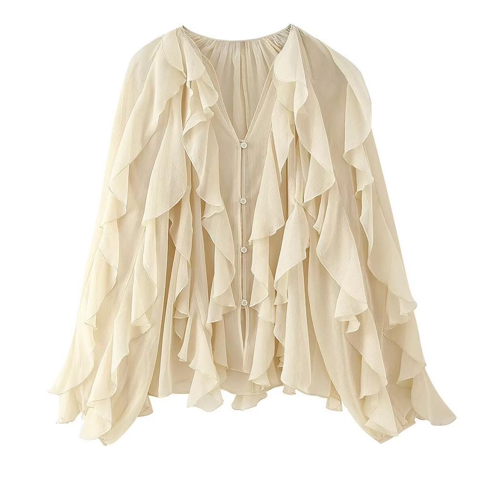 2025 Spring/Summer Women's Casual V-Neck Layered Long-Sleeve Shirt