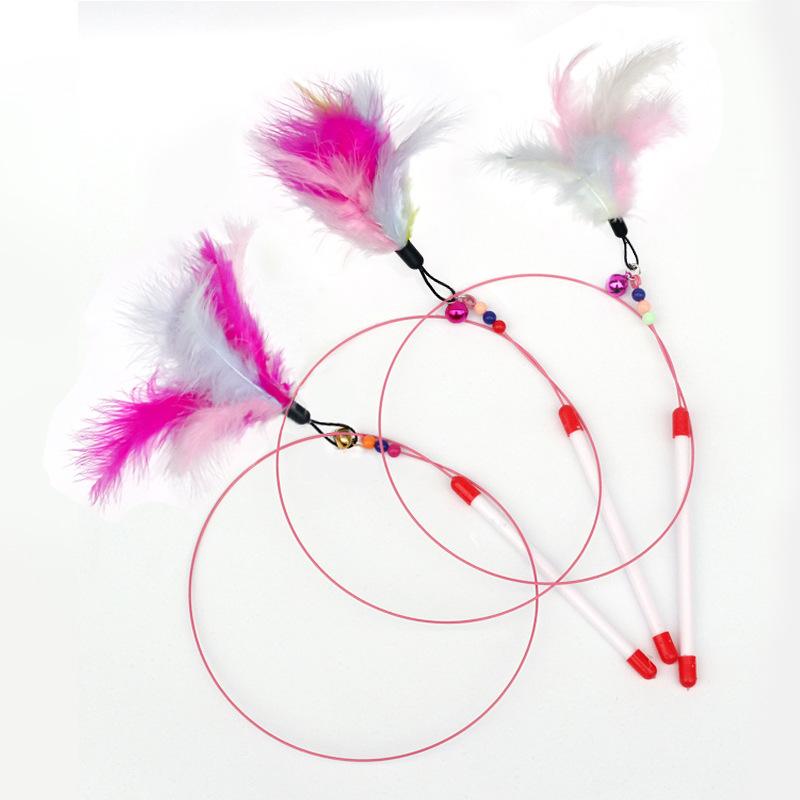 Long Steel Wire Rod Feather Bell Interactive Cat Teaser Toy With Replacement Head