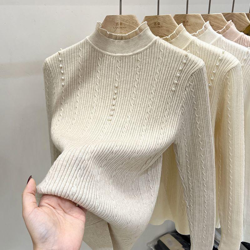 Lace High-neck Sweater Women's Autumn and Winter Twisted Pearl Slimming Pullover Top Sweater Knitted Sweater Long Sleeve