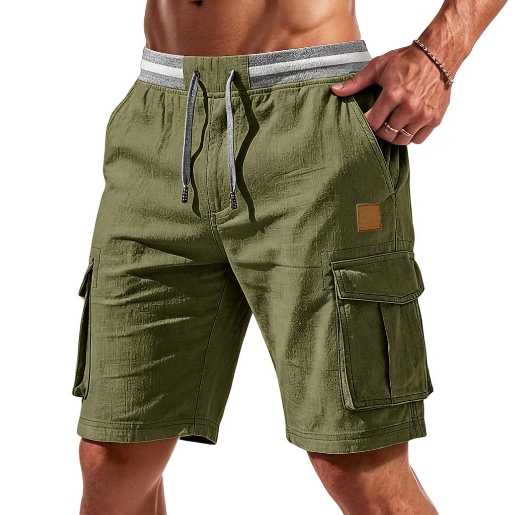 Pantalones Cortos Cargo Ligeros Transpirables con Cintura Elástica y Cordón, Estilo Casual Vintage para Hombre, Múltiples Bolsillos para Actividades al Aire Libre